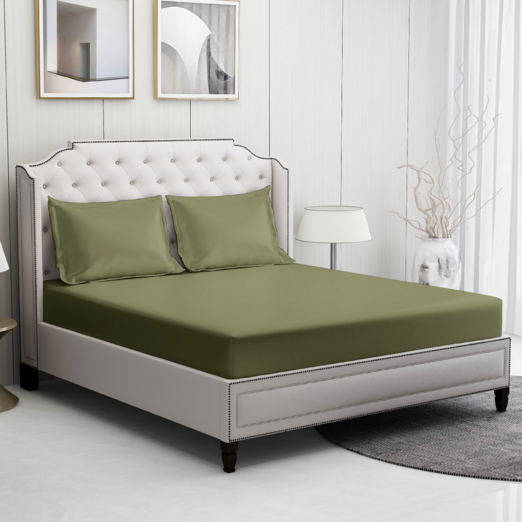 Olive green Solid 100% Cotton Bedding Set | 400TC with 2 Pillow Covers - Image 4