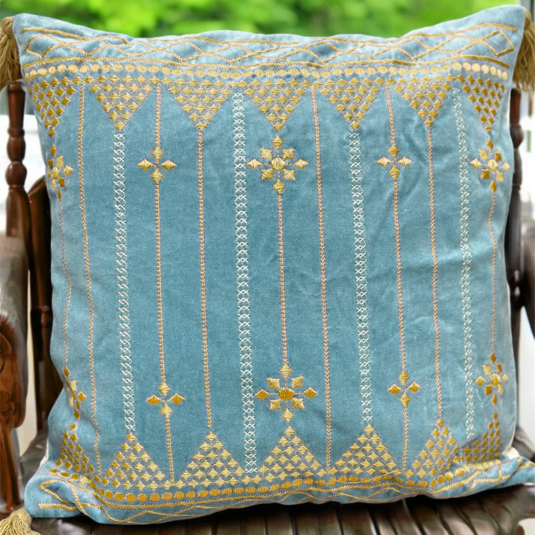 Azure Golden Bloom 16" x 16" Embroidered Cushion Cover - Image 3