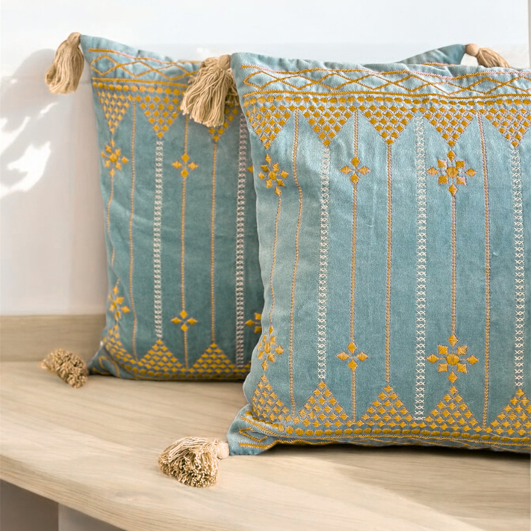 Azure Golden Bloom 16" x 16" Embroidered Cushion Cover - Image 4
