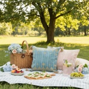 Azure Golden Bloom 16" x 16" Embroidered Cushion Cover