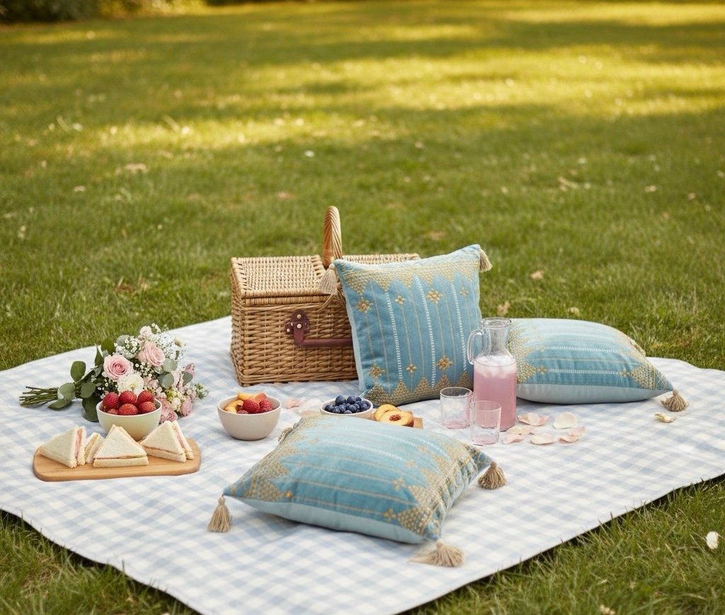 Azure Golden Bloom 16" x 16" Embroidered Cushion Cover - Image 2