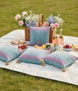 Azure Pink Bloom Embroidered Cushion Cover