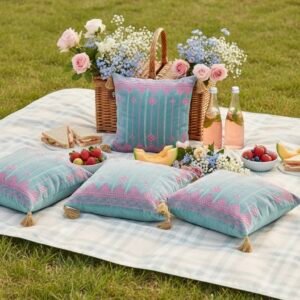 Azure Pink Bloom Embroidered Cushion Cover