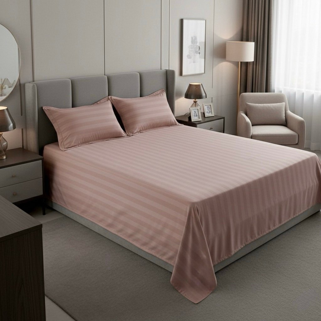Peach striped 100% Cotton Bedding Set | King Size 108x108 | 600 TC with 2 Pillow Covers - Image 2
