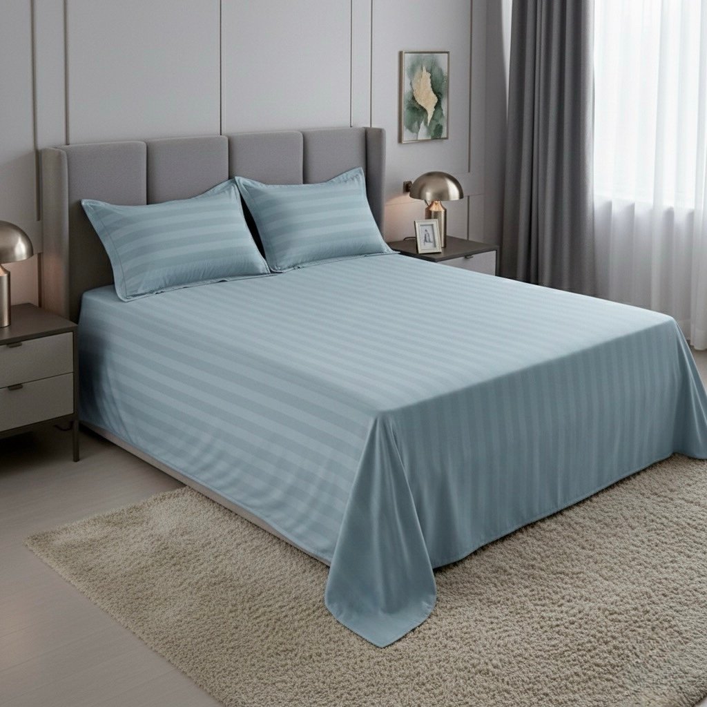 Blue striped 100% Cotton Bedding Set | King Size 108x108 | 600 TC with 2 Pillow Covers - Image 2