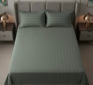 Sage green striped 100% Cotton Bedding Set | King Size 108x108 | 600 TC | Flat sheet with 2 Pillow Covers