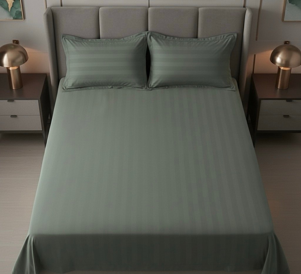Sage green striped 100% Cotton Bedding Set | King Size 108x108 | 600 TC | Flat sheet with 2 Pillow Covers