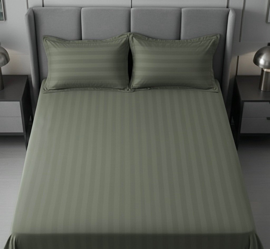 Sage green striped Fitted Bedding set | 600 TC - Image 2