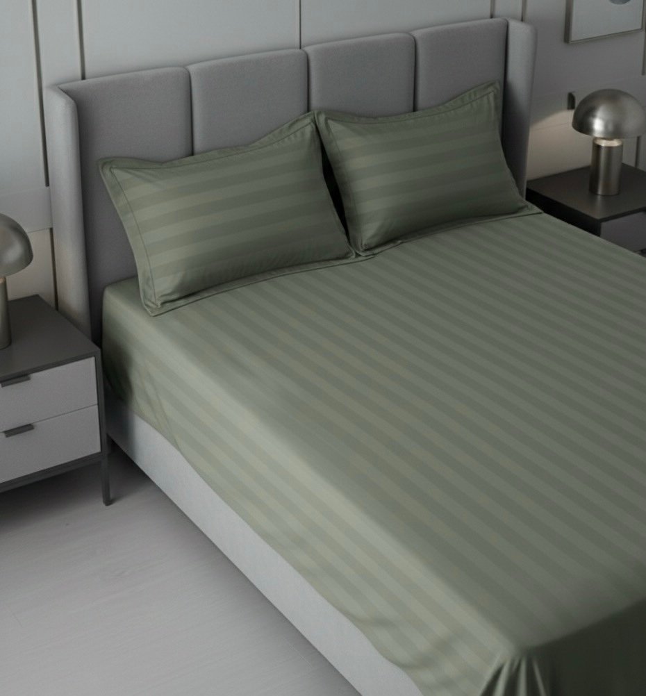 Sage green striped Fitted Bedding set | 600 TC - Image 3