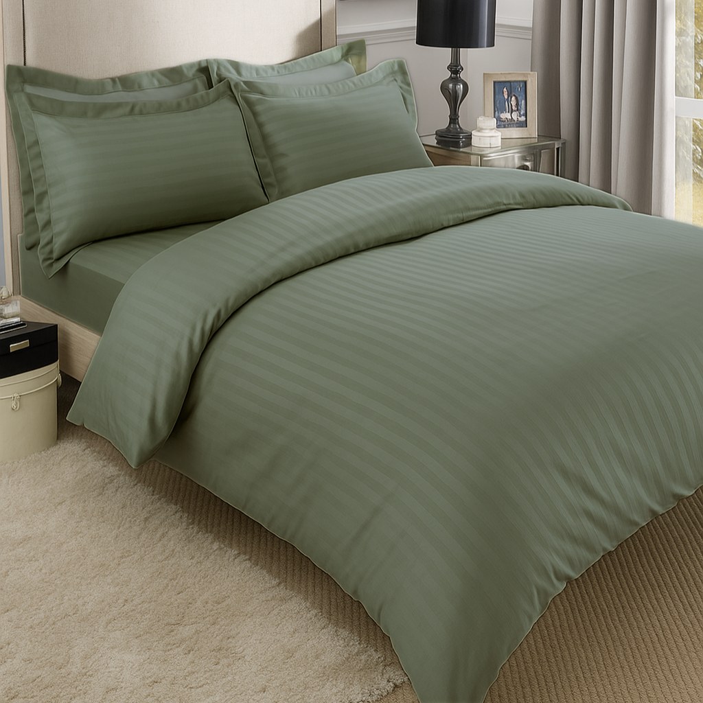 Sage green striped 100% Cotton Bedding Set | King Size 108x108 | 600 TC | Flat sheet with 2 Pillow Covers - Image 5