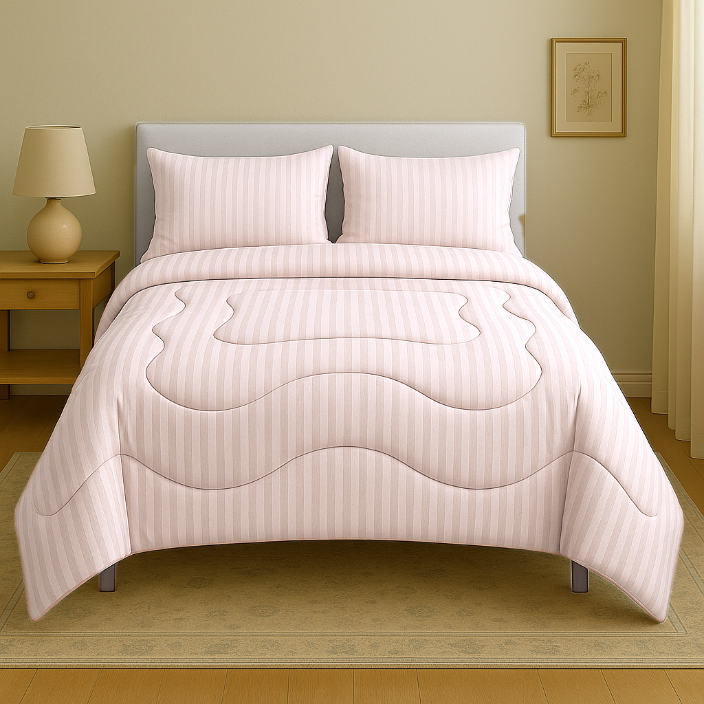 Baby pink striped Wavy Comforter with White Piping