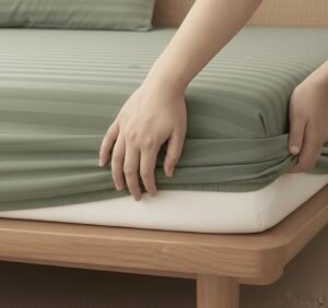 Sage green striped Fitted Bedding set | 600 TC