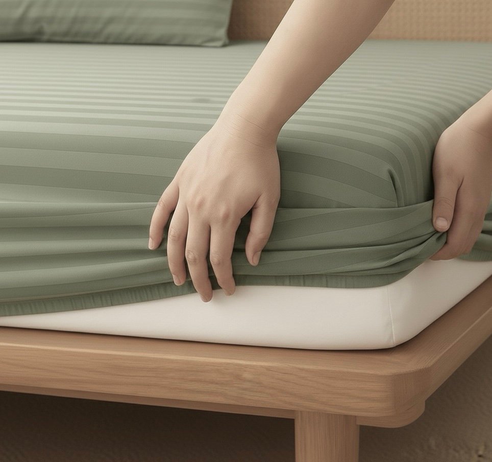 Sage green striped Fitted Bedding set | 600 TC