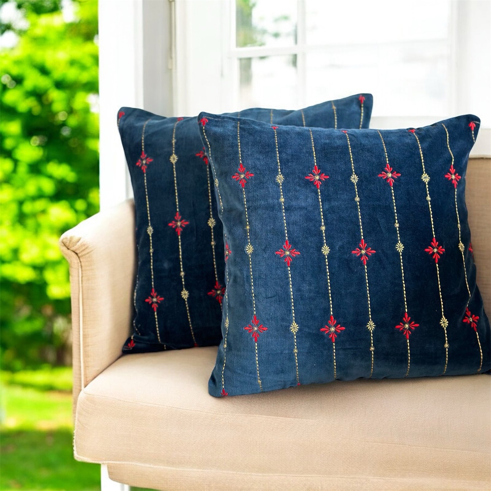 Golden Festive embroidery 16" x 16" Cushion Cover - Image 4