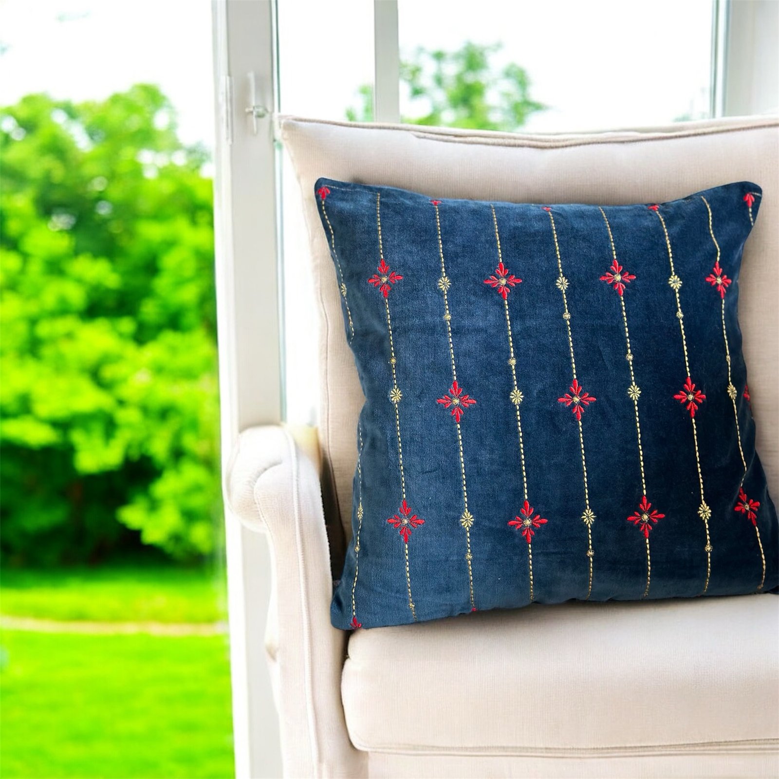 Golden Festive embroidery 16" x 16" Cushion Cover - Image 3