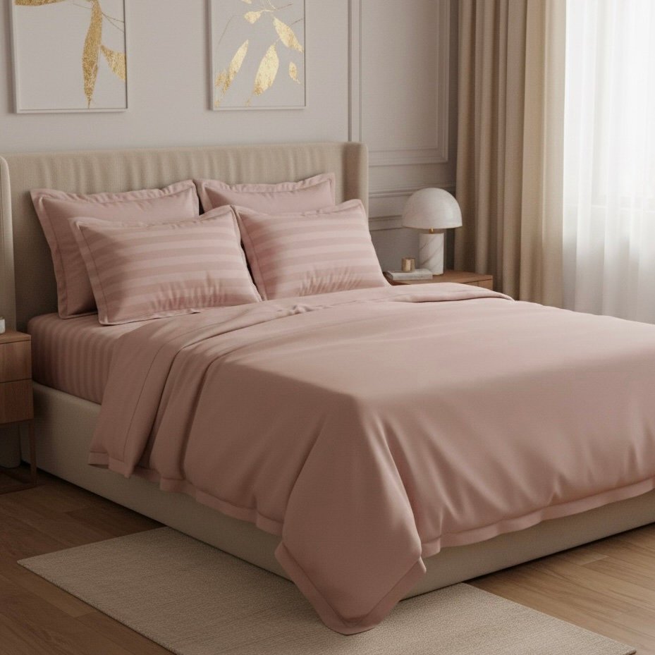 7 pc set | 600 TC | Pink striped bedding set - Image 2