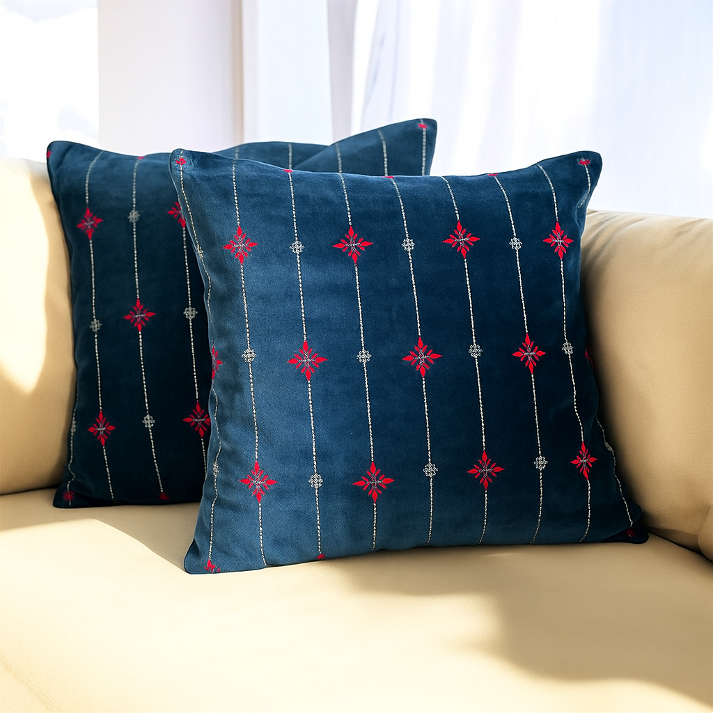 Silver Festive embroidery 16" x 16" Cushion Cover