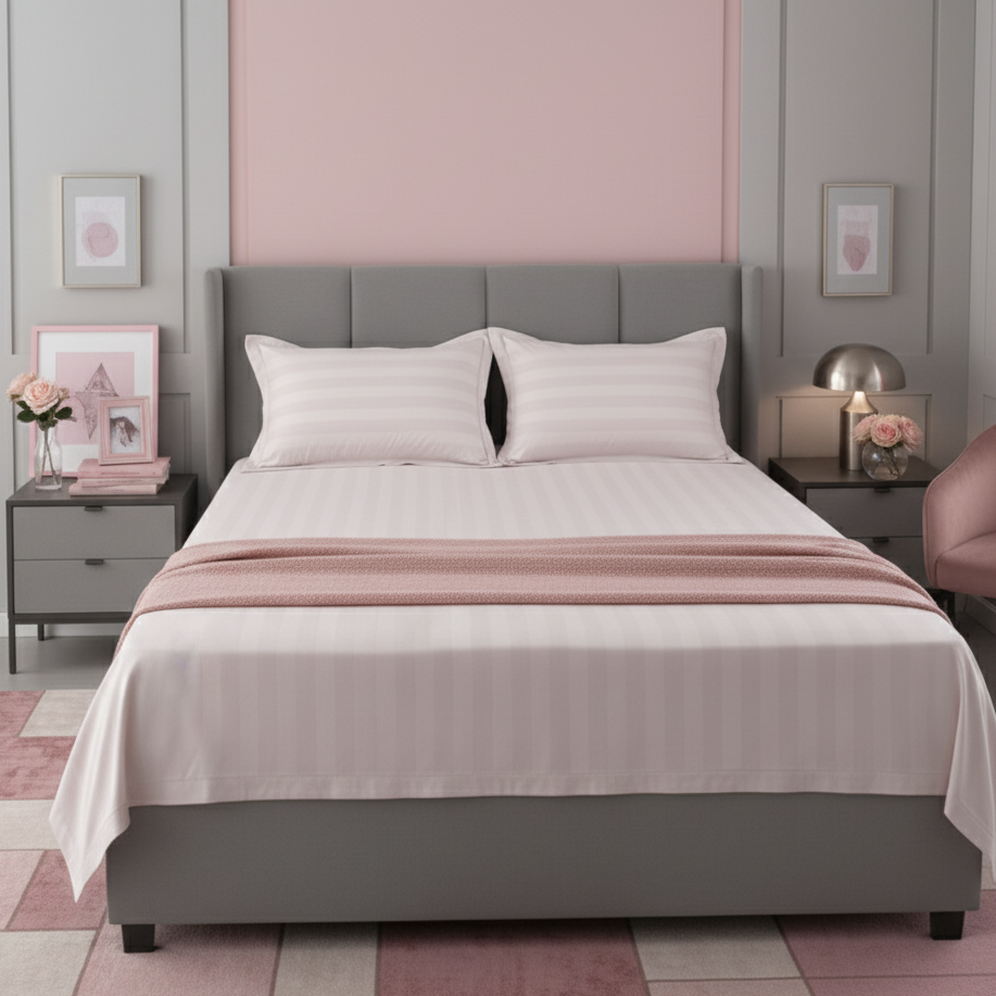 Light pink striped 100% Cotton Bedding Set | King Size 108x108 | 400 TC with 2 Pillow Covers - Image 3