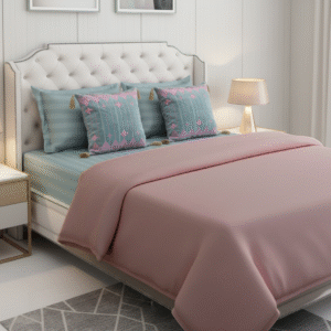 Blue Striped 6 pcs Luxury Complete Bedding Set | Bedsheet, Comforter and Cushion Cover