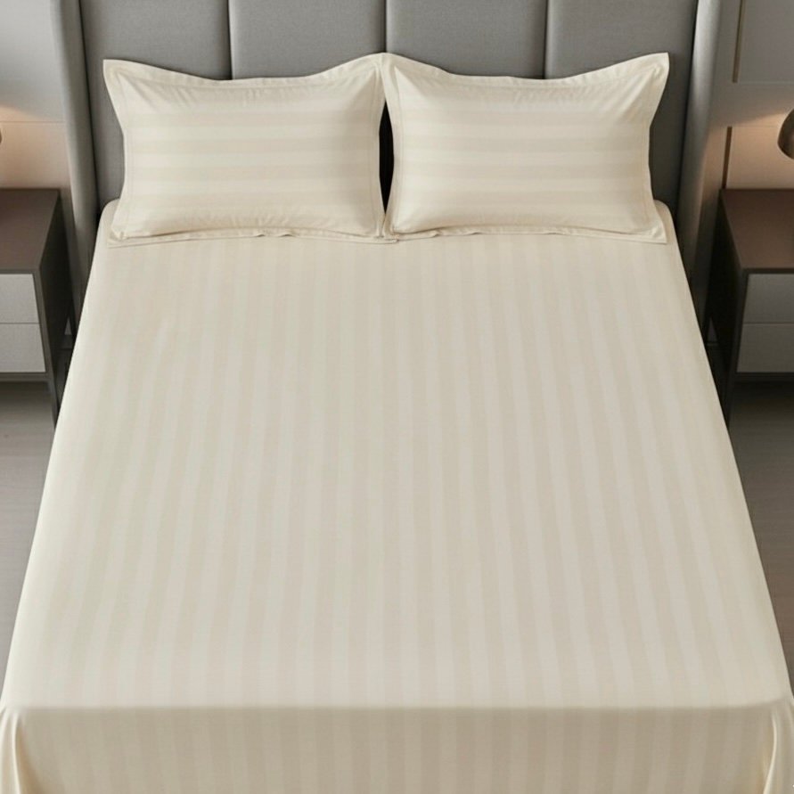 Ivory striped 100% Cotton Bedding Set | King Size 108x108 | 400 TC with 2 Pillow Covers