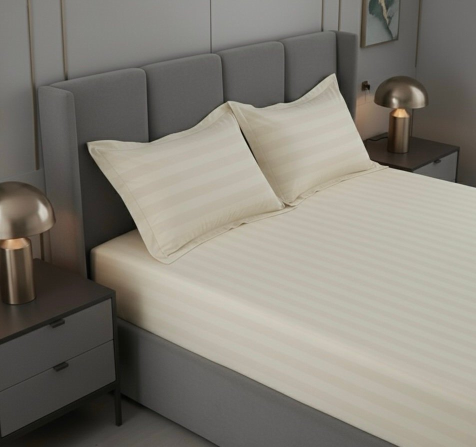 Ivory striped 100% Cotton Bedding Set | King Size 108x108 | 400 TC with 2 Pillow Covers - Image 3