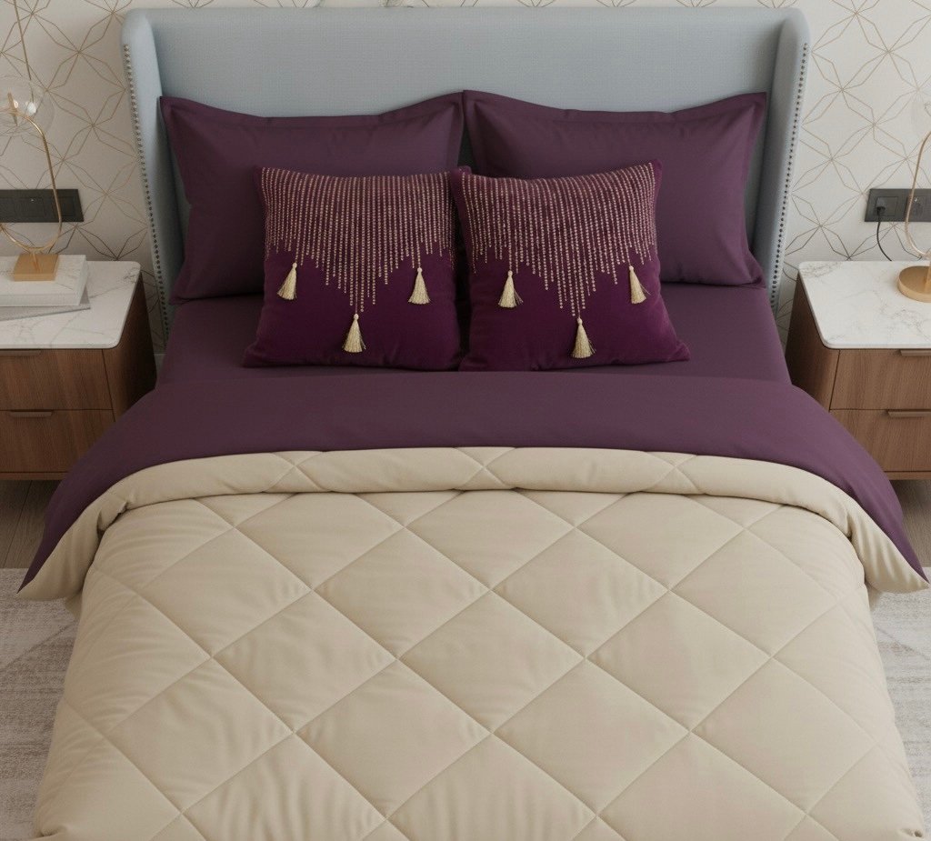 Plum beige 6 pcs Luxury Complete Bedding Set | Bedsheet, Comforter and Cushion Cover - Image 2