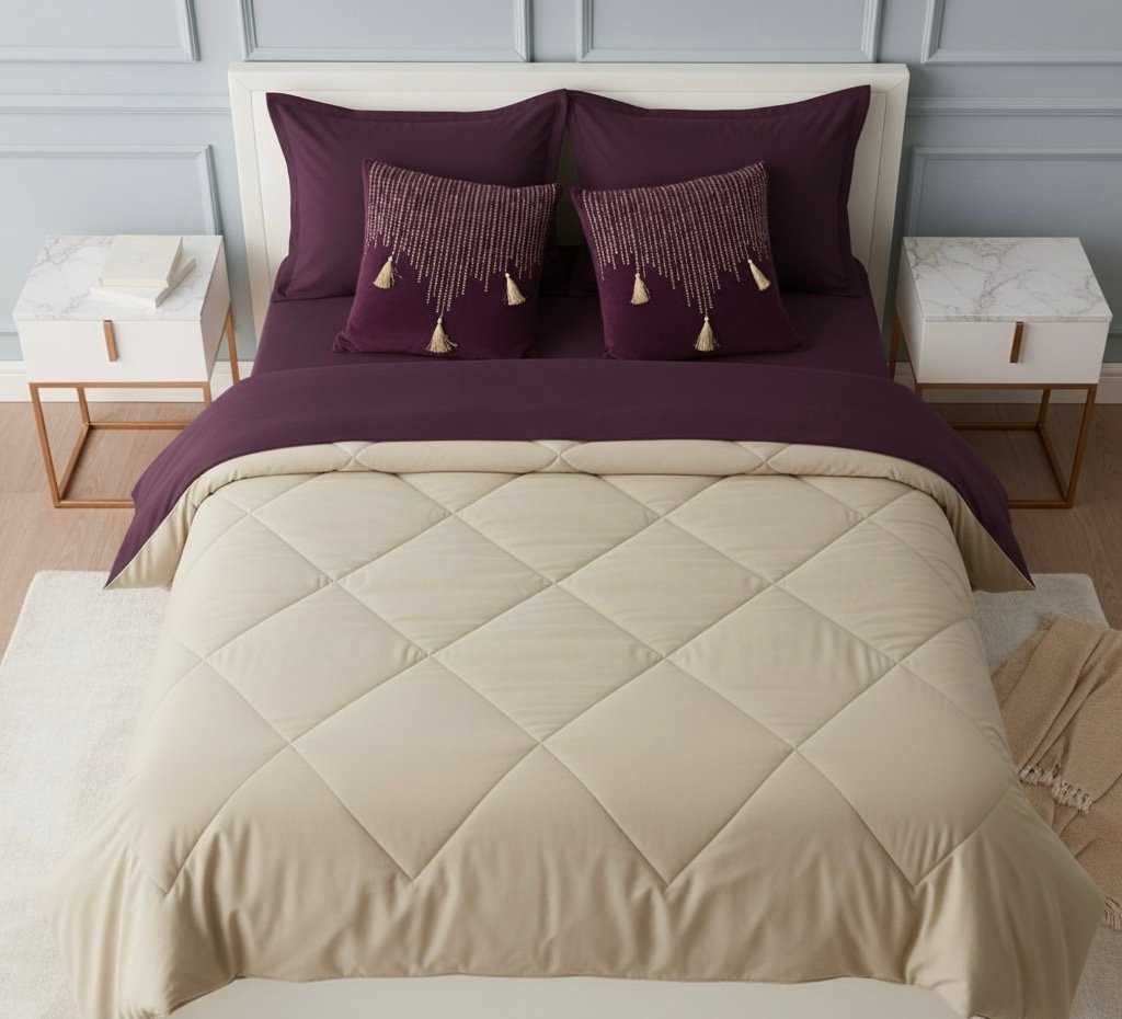 Plum beige 6 pcs Luxury Complete Bedding Set | Bedsheet, Comforter and Cushion Cover - Image 4
