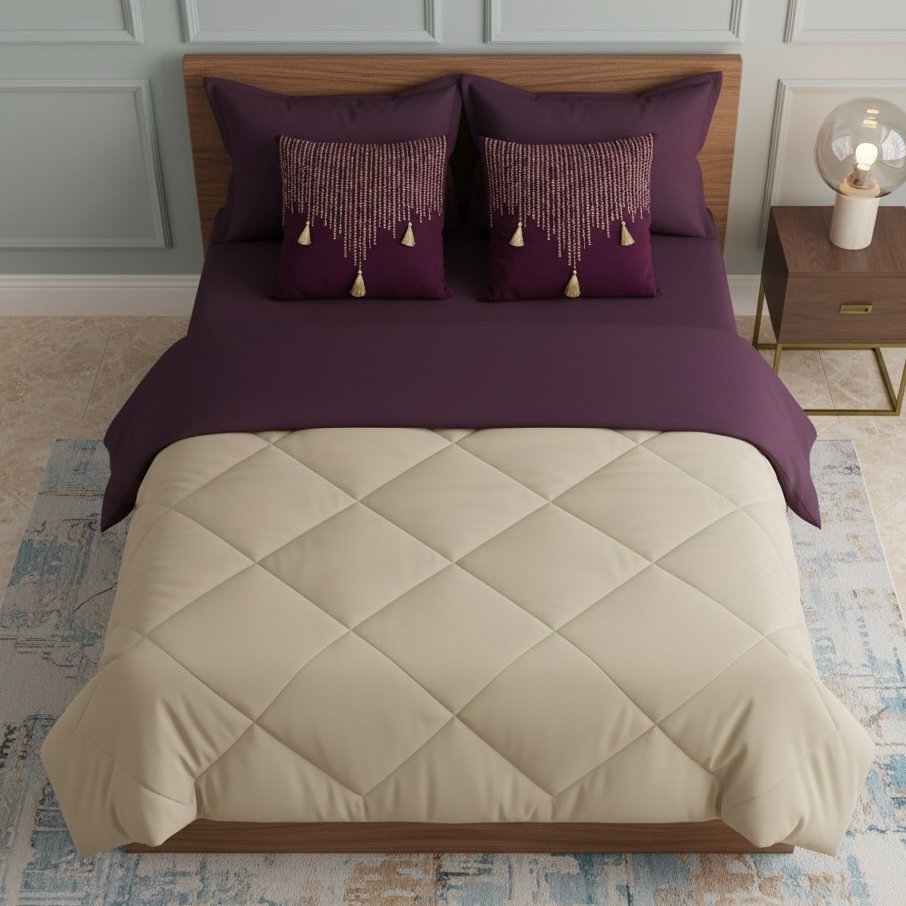 Plum beige 6 pcs Luxury Complete Bedding Set | Bedsheet, Comforter and Cushion Cover - Image 3