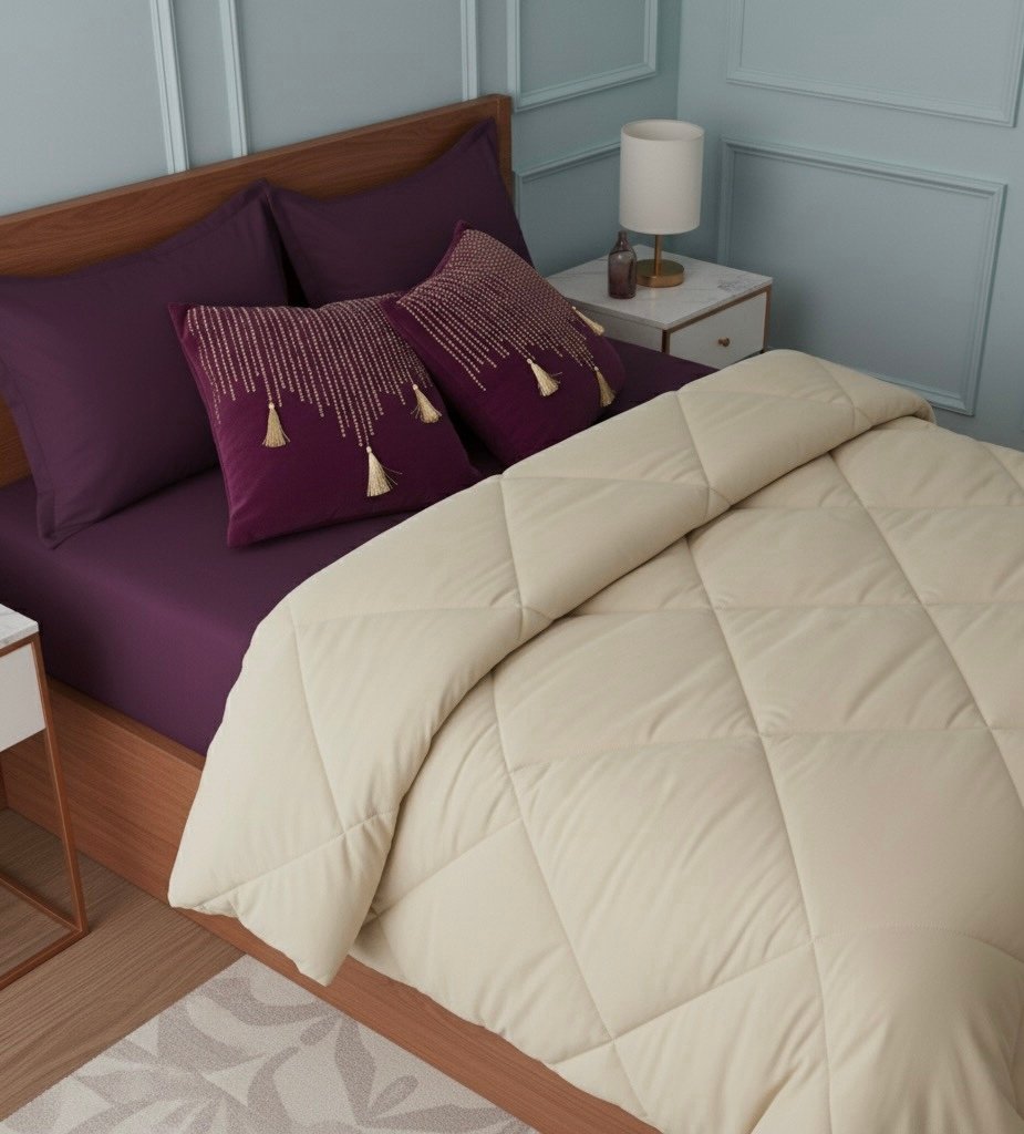 Plum beige 6 pcs Luxury Complete Bedding Set | Bedsheet, Comforter and Cushion Cover - Image 6