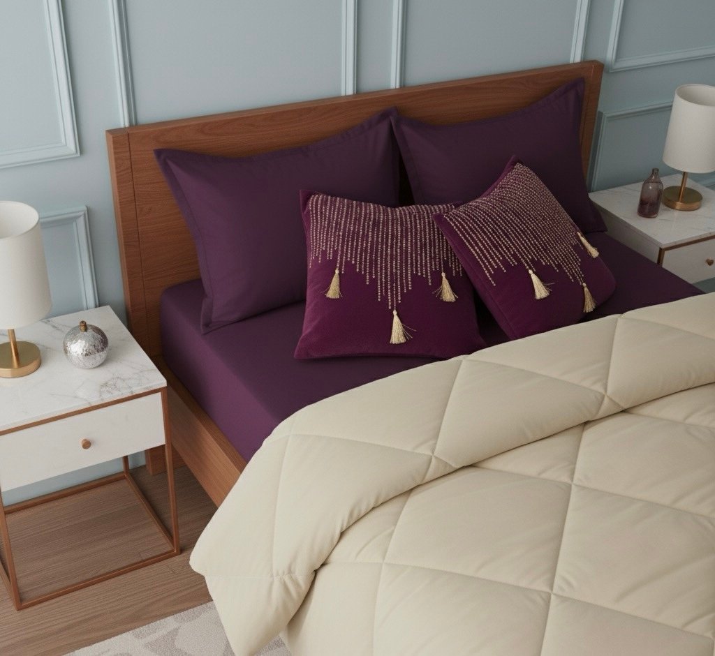 Plum beige 6 pcs Luxury Complete Bedding Set | Bedsheet, Comforter and Cushion Cover