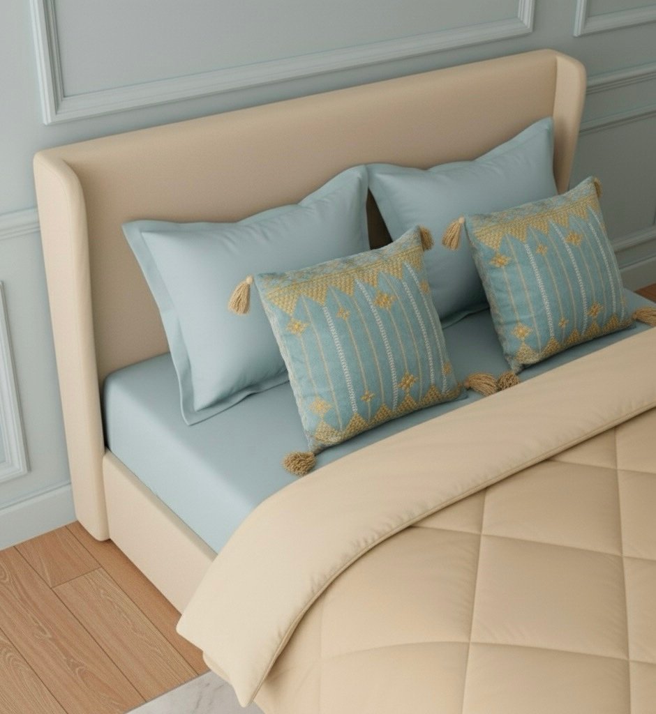 Light blue 6 pcs Luxury Complete Bedding Set | Bedsheet, Comforter and Cushion Cover - Image 2