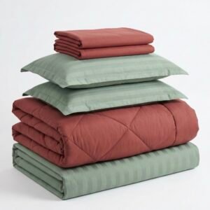 Christmas Special Red Comforter & Sage Green Striped Bedsheet Set | 100% cotton