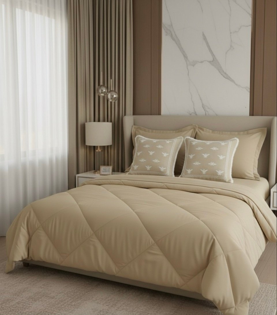 6 pcs Beige Bedding Set | Bedsheet, Comforter and Cushion Cover