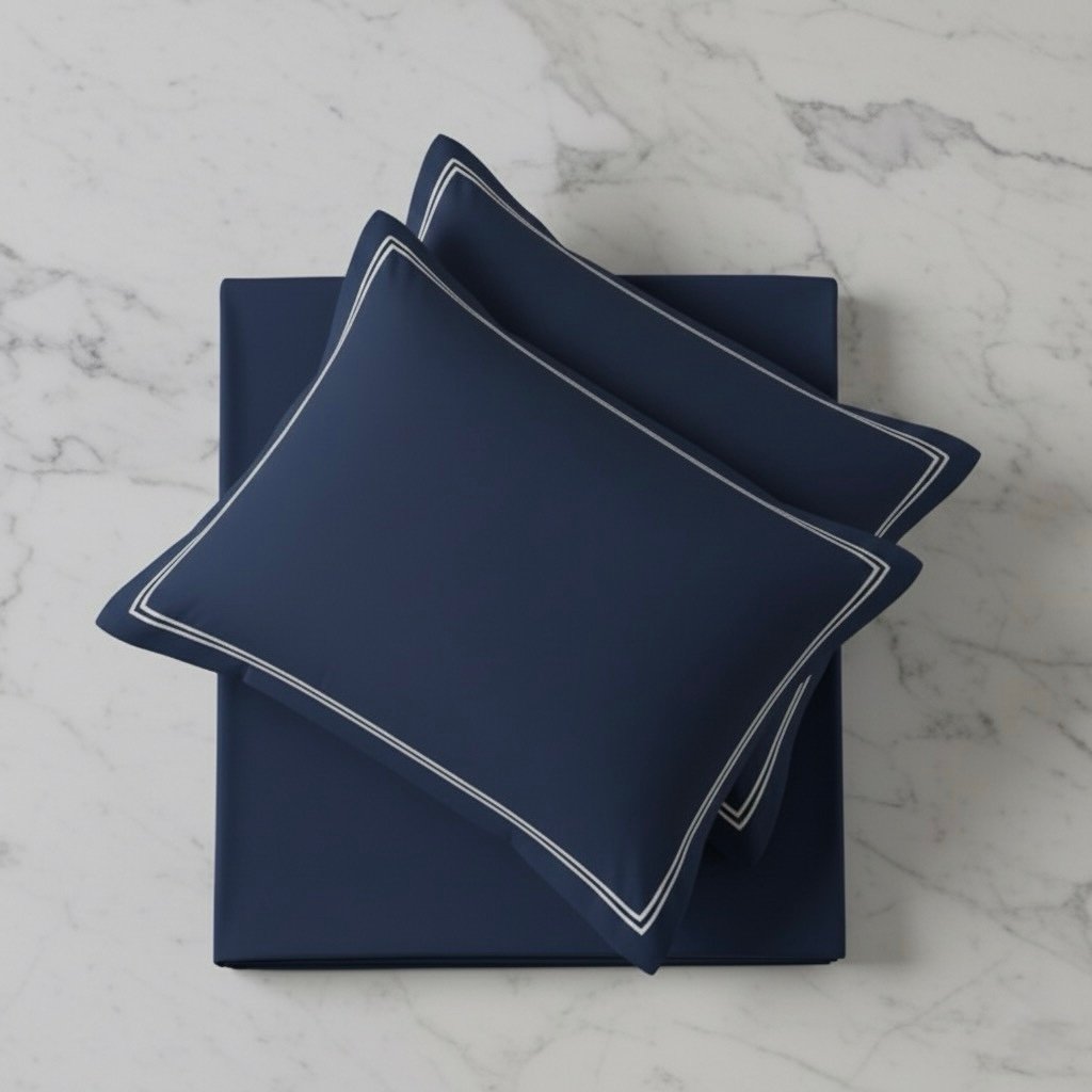 Navy Blue 600 TC Bed Sheet with Double Merrow on 2 Pillow Covers - Image 12