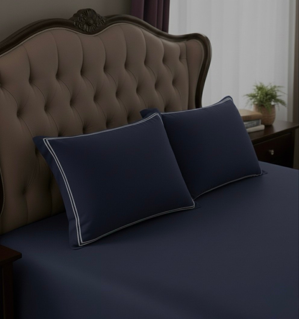 Navy Blue 600 TC Bed Sheet with Double Merrow on 2 Pillow Covers - Image 6