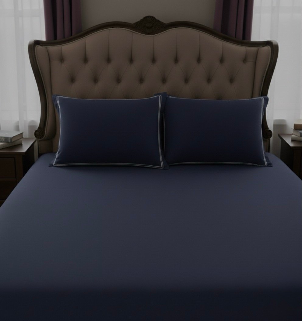 Navy Blue 600 TC Bed Sheet with Double Merrow on 2 Pillow Covers - Image 14
