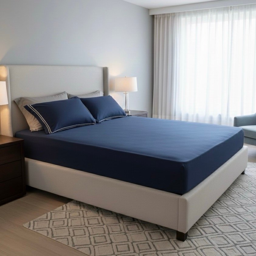 Navy Blue 600 TC Bed Sheet with Double Merrow on 2 Pillow Covers - Image 11