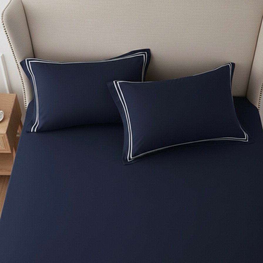 Navy Blue 600 TC Bed Sheet with Double Merrow on 2 Pillow Covers - Image 5