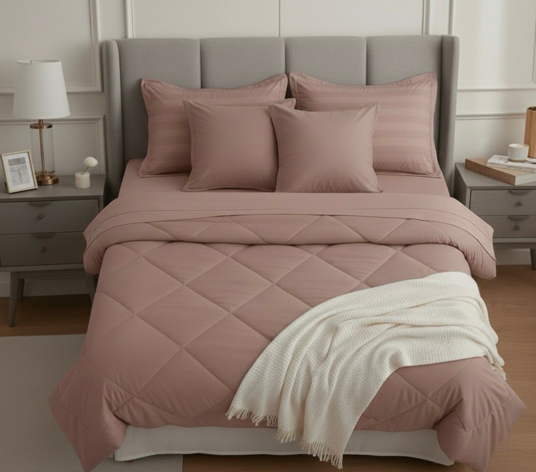 Rose Quartz 6 pcs Luxury Complete bedding Set | Bedsheet, Comforter and Cushion Cover - Image 2