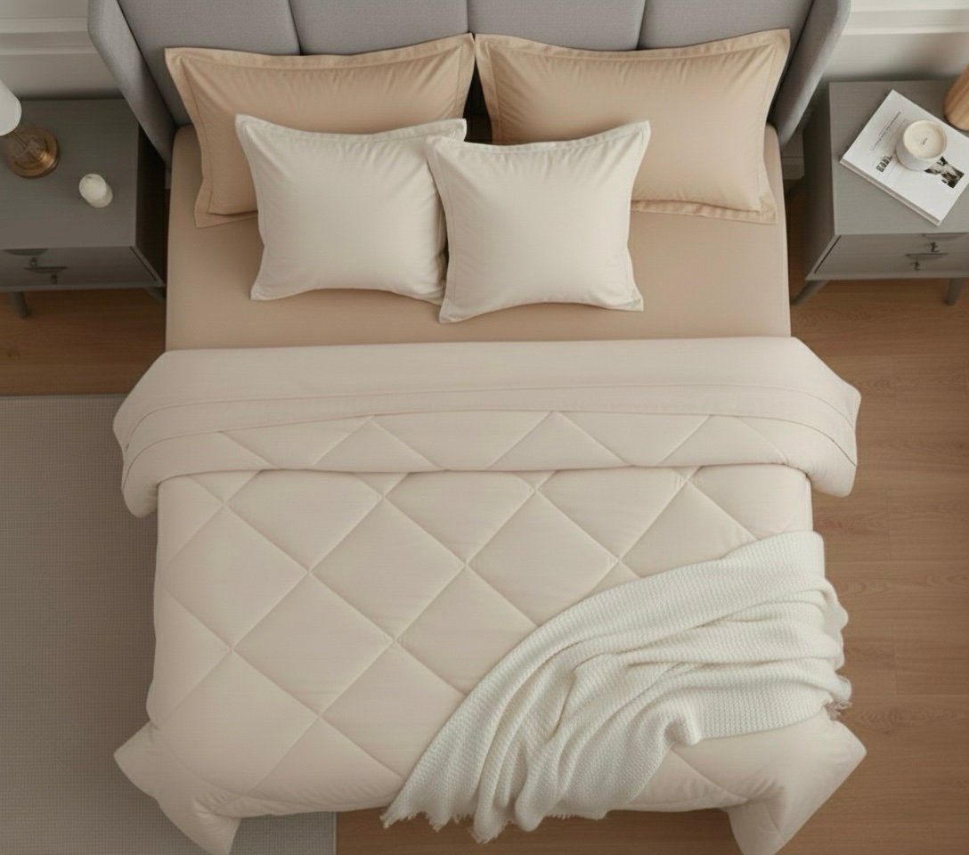 Ivory beige 6 pcs Luxury Complete bedding Set | Bedsheet, Comforter and Cushion Cover