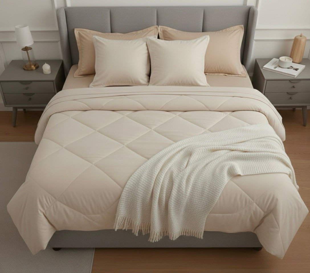 Ivory beige 6 pcs Luxury Complete bedding Set | Bedsheet, Comforter and Cushion Cover - Image 2