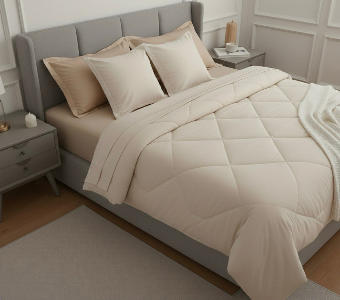 Ivory beige 6 pcs Luxury Complete bedding Set | Bedsheet, Comforter and Cushion Cover - Image 3