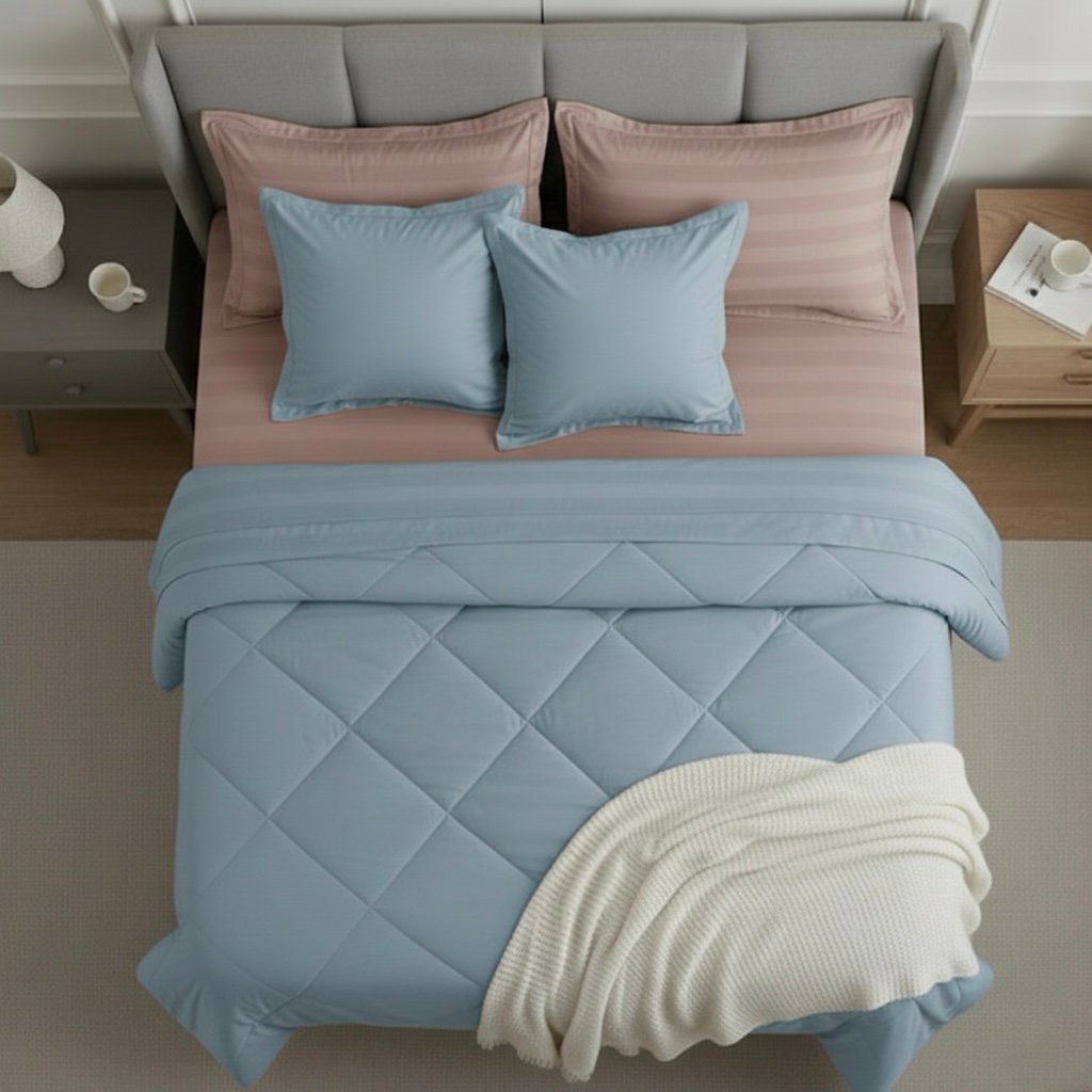 Pink and blue 6 pcs Luxury Complete bedding Set | Bedsheet, Comforter and Cushion Cover