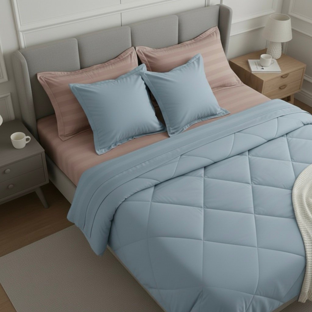 Pink and blue 6 pcs Luxury Complete bedding Set | Bedsheet, Comforter and Cushion Cover - Image 3