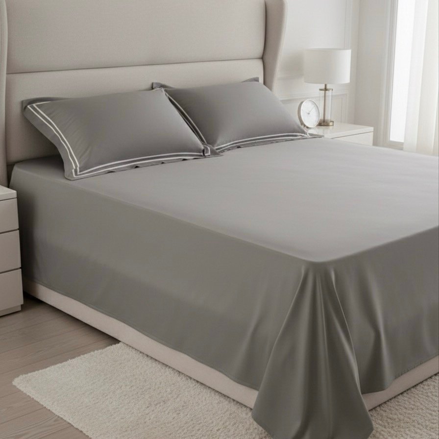 Light Grey 400 TC Bed Sheet with Double Merrow on 2 Pillow Covers - Image 2